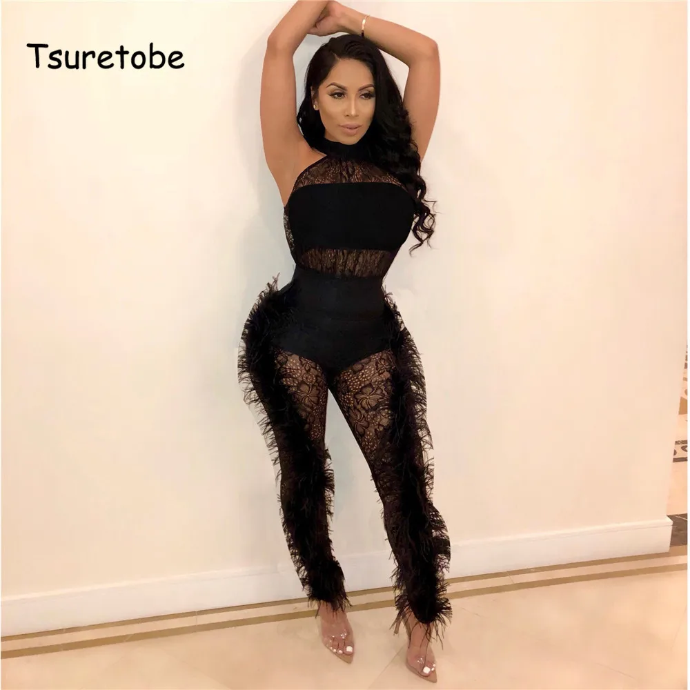

Женский кружевной комбинезон Tsuretobe, однотонный сексуальный Облегающий комбинезон с перьями и молнией сзади без рукавов
