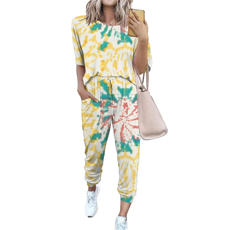 

3XL Plus Size Tie Dye Tracksuit Women Two Piece Set Summer Clothes Short Sleeve T-Shirt Top and Pants Suits Casual Loose Outfits