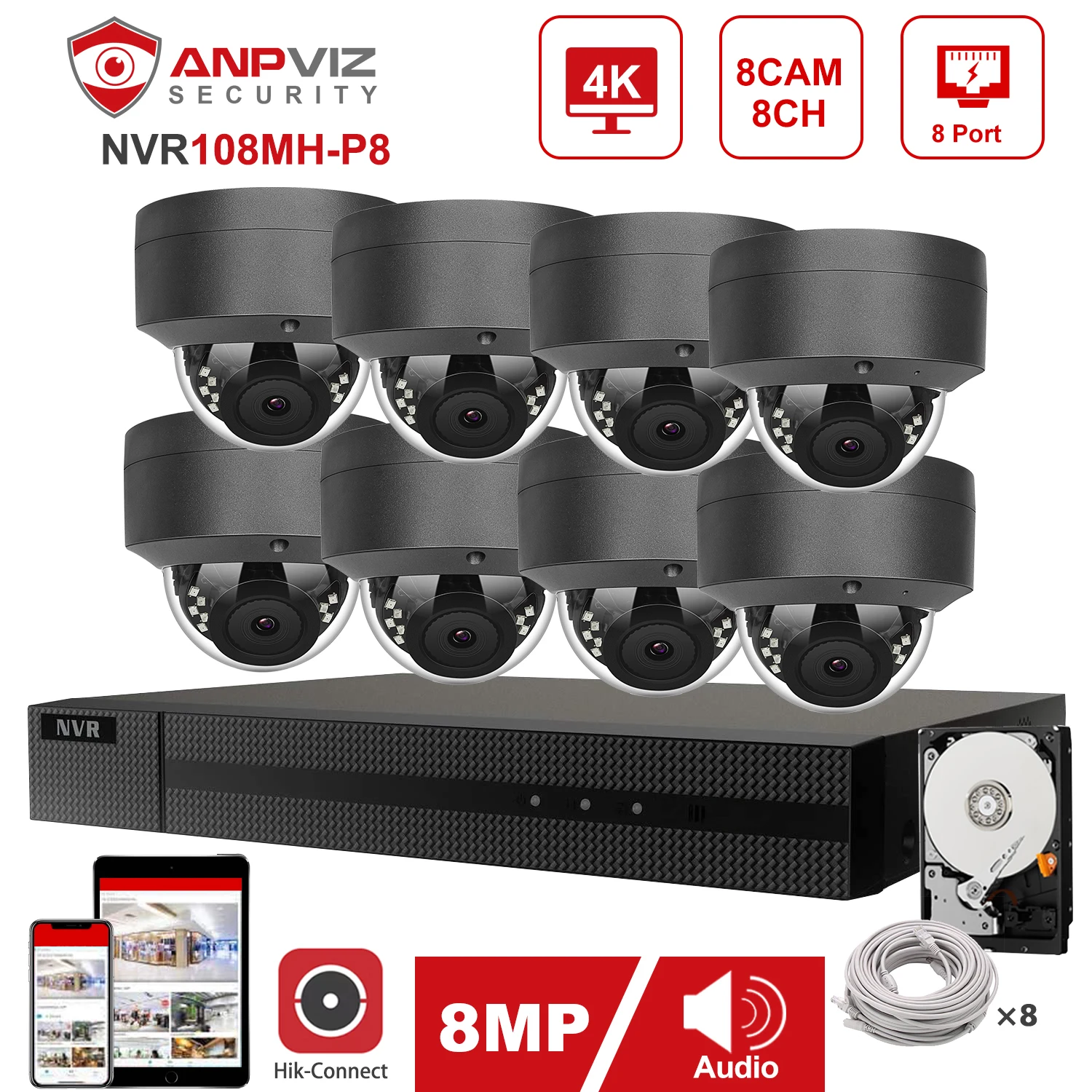 Hikvision OEM 8CH 4K NVR Kit 4/6/8 шт. POE IP камера система безопасности для помещений/улицы