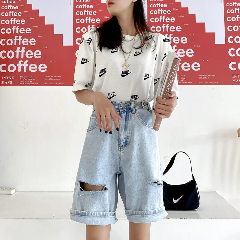 Винтажные синие джинсовые шорты женские свободные рваные джинсы с высокой