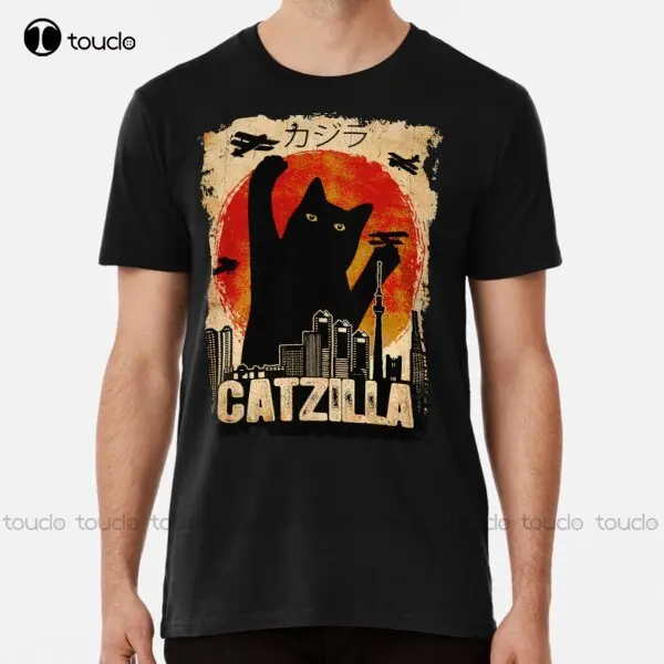 

Новая Винтажная забавная черная футболка Catzilla с котом, хлопковая футболка премиум-класса, женская футболка, индивидуальная футболка унисек...