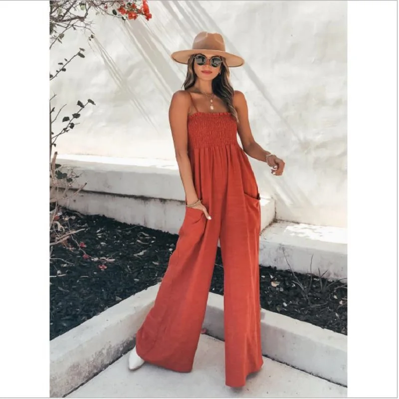 

Summer Strap Jumpsuit Women Backless Long Pants Solid Color Wide Leg Trouser with Pockets Ladies Ruffled Long Jumpsuits 2021 New