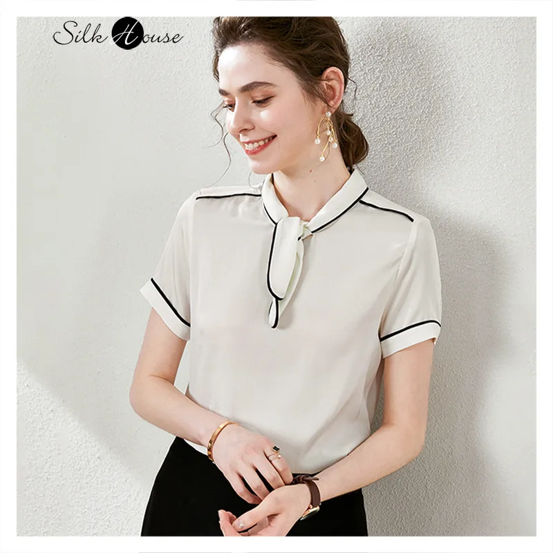Деловая дизайнерская шелковая рубашка с коротким рукавом цветная контрастная