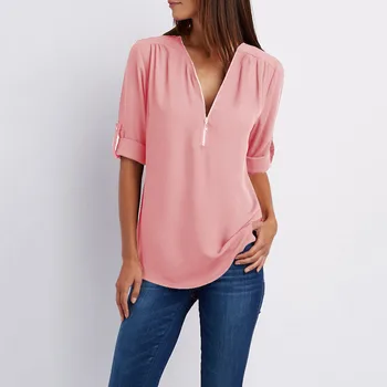 Women Zipper V Neck Blouse Short Sleeve Sexy Solid Womens Tops Plus Size Chiffon Fabric Blouses Casual Shirts Tops Female #p5 1