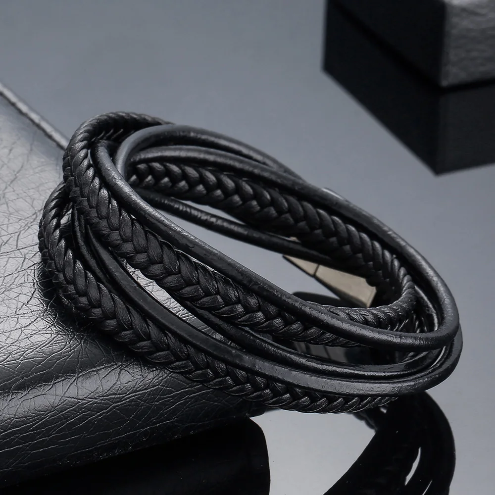 Fashion Black Genuine Leather Buddha Bracelet Stainless Steel Clasp Multi Layer Braid Rope Chain Wristband Vintage Gifts | Украшения и
