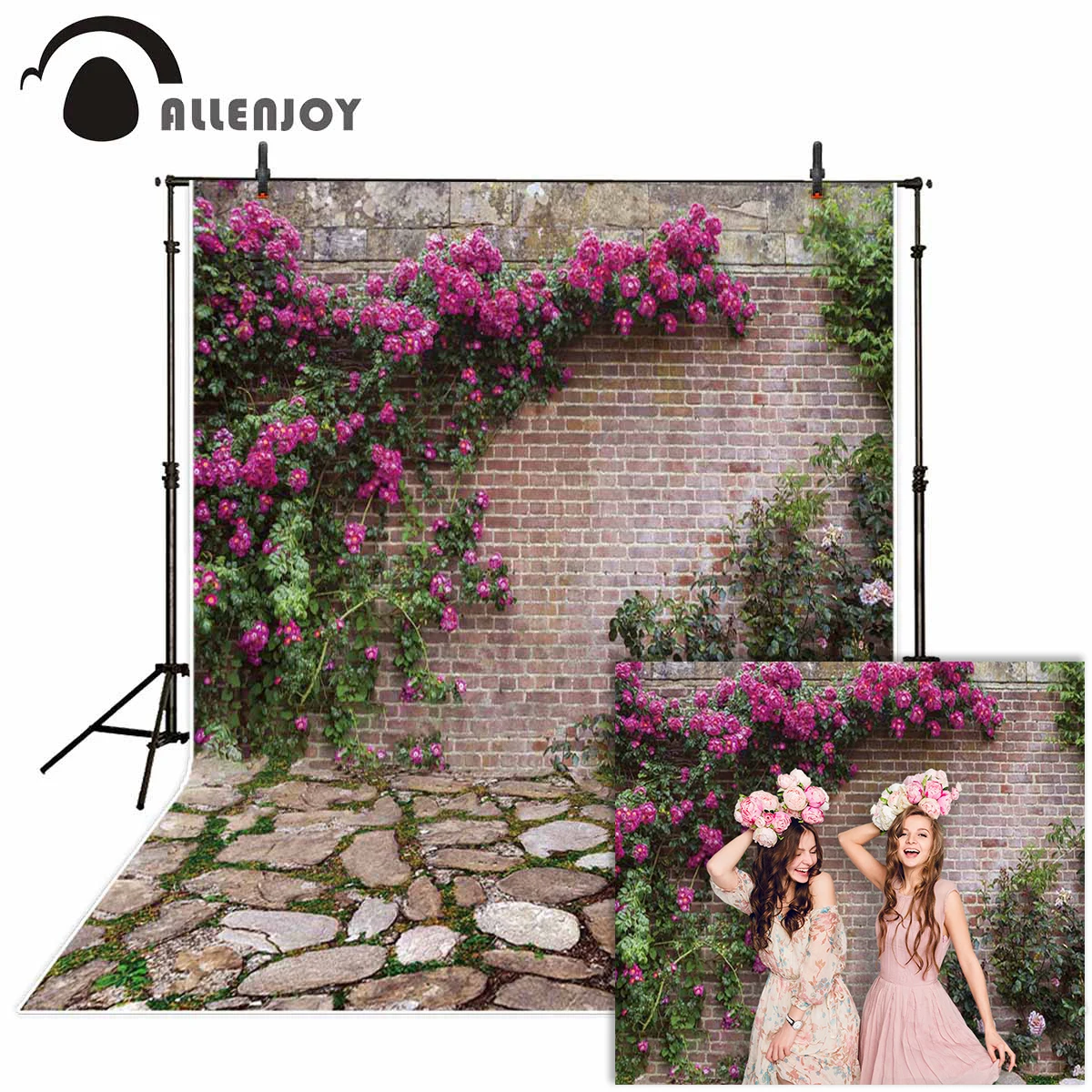 Фотофон Allenjoy для фотостудии весенний Пасхальный сад цветы лоза кирпичная стена