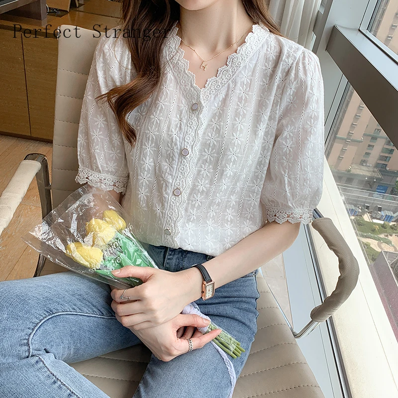 

2021 LeisureWomens Tops and Blouses Short Sleeve Shirts Women V Collar Chiffon Women's Blouse Vintage Top Female