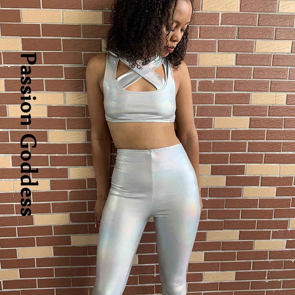 Сексуальный женский костюм из 2 предметов блестящая Лазерная кожа открытые топы