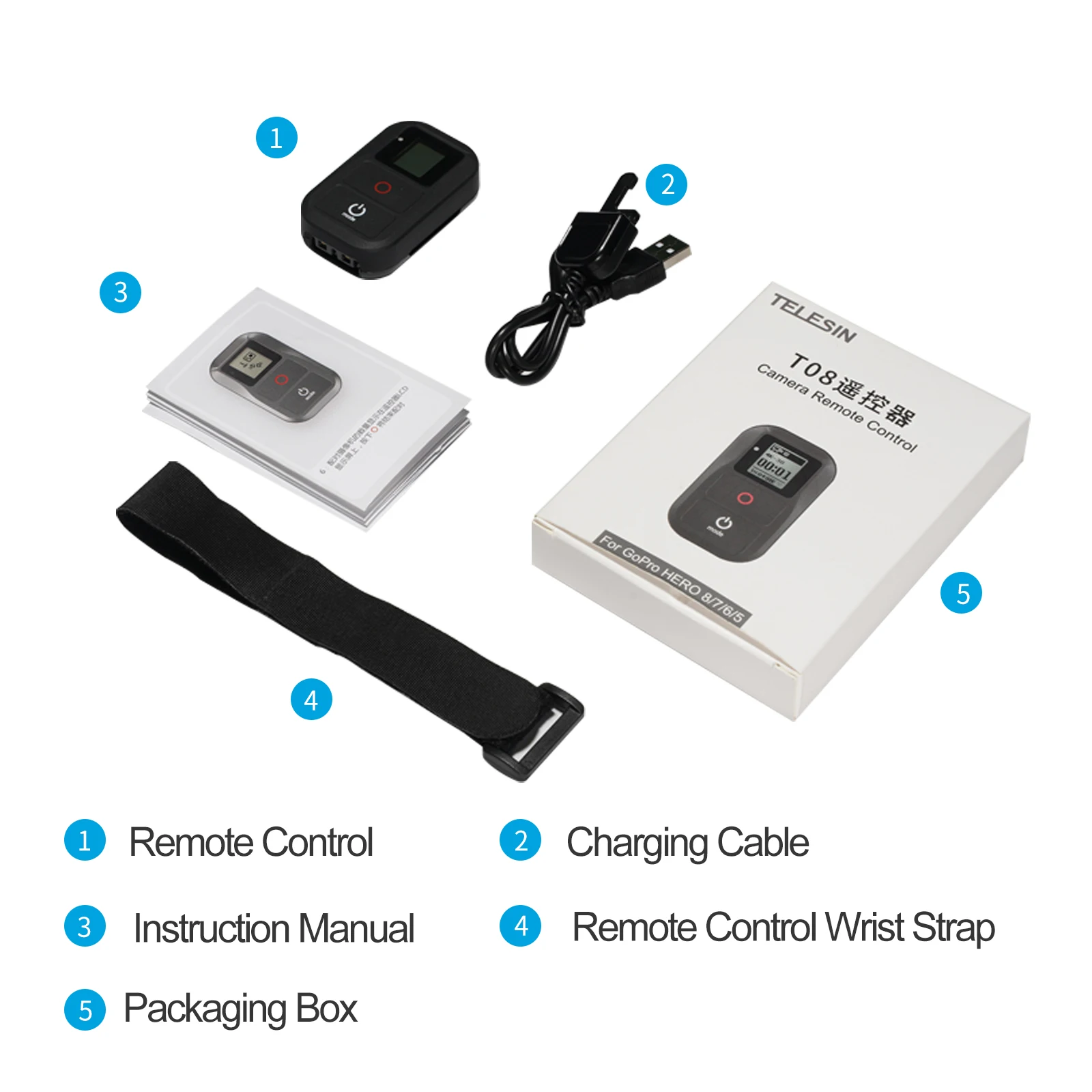 

TELESIN WiFi Remote Control + Hand Strap Lanyard For GoPro Hero 8 7 6 5 4 3 Black Hero 4 Session Action Camera Accessories