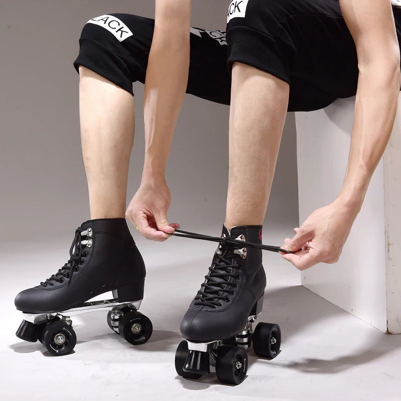 Roller Skates Double Line Skates For Men Adult Two Line Skating Shoes Patines With White PU 4 Wheels,Free Shipping