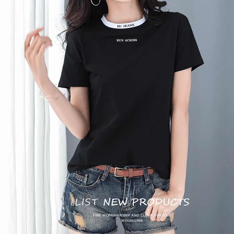 

High Quailty White Cotton Letter Slim Tshirt Women Casual Korean Sltye O Neck Short Sleeve Tee T-Shirt Tops Clothes Summer Femme