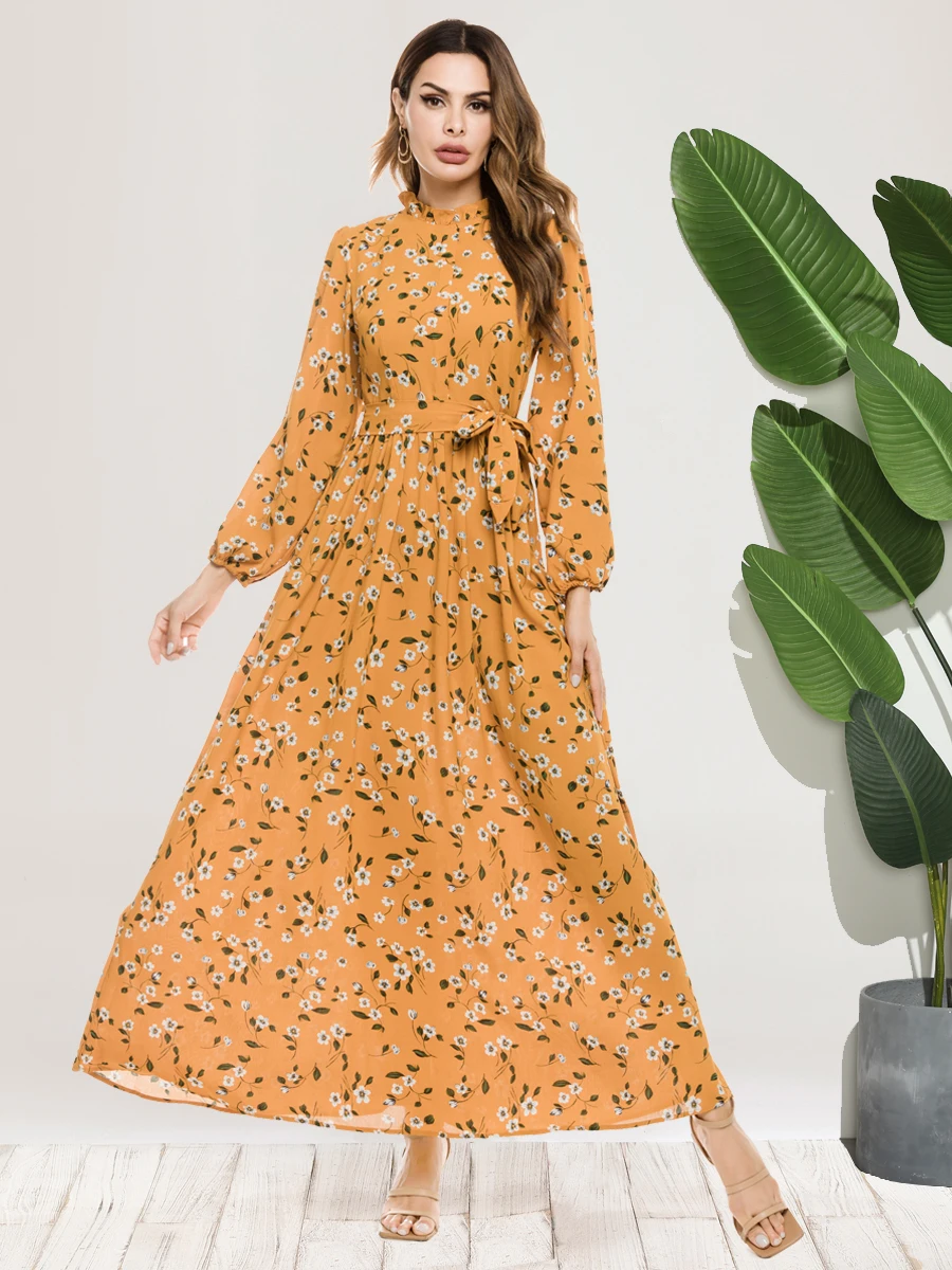 

Women's Kaftan Dress Floral Pattern Turtleneck Bishop Sleeve Maxi Dress DR623