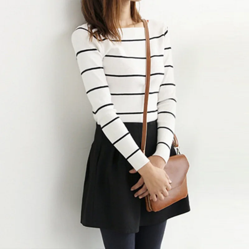 Slim Sweet Top Pull Femme Knitted Sweater Women Long Sleeve Korean Striped Tight Jumper Sweaters | Женская одежда