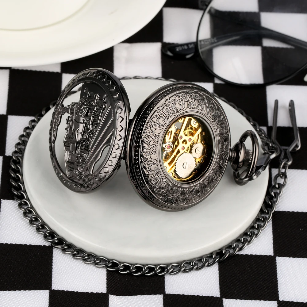 

Bronze Mechanical Hand Winding Running Steam Train Design Pocket Watch Black Skeleton Women Men Pendant Fob Chain Gift