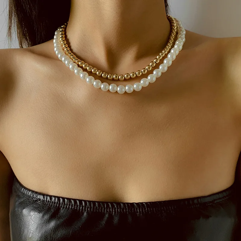 

Trendy Jewelry Simulated Pearl Necklace Popular Design Two Layer Golden Silvery Color Beads Necklace For Girl Fine Accessories