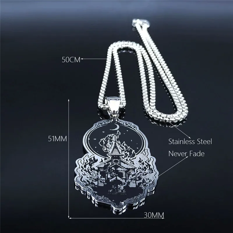 

Witchcraft Fire House Stainless Steel Necklace for Women/Men Silver Color Big Long Statement Necklace Jewelry collar N4079S03