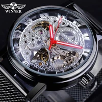 winner silver skeleton dial design transparent watch black mesh steel wristwatch top brand luminous automatic mechanical watch