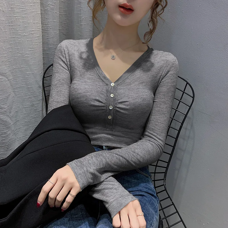 

New Elegant Fashion Women Spring Autumn sexy thin micro-transparent bottoming t shirt inner slim v-neck long-sleeved t-shirt top