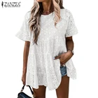 Женские кружевные топы, летние блузки ZANZEA 2021, повседневные блузки с коротким рукавом, Женская ажурная туника с баской