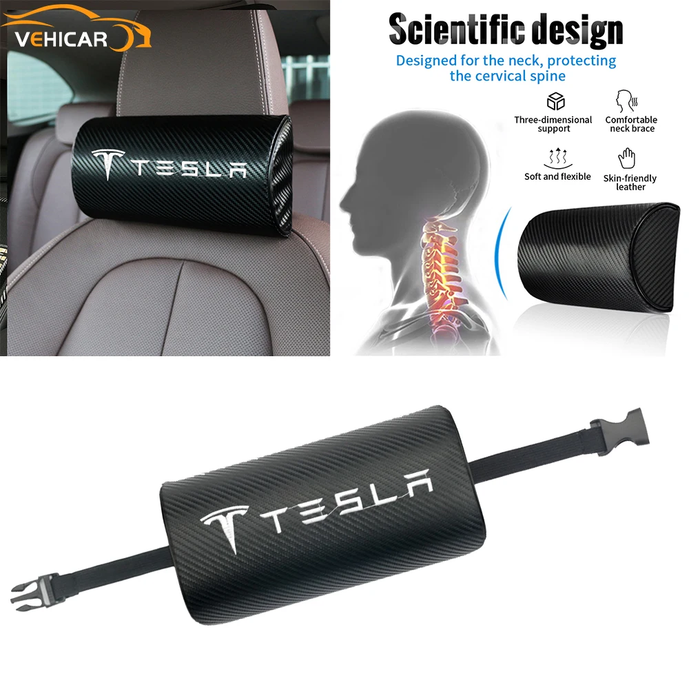

VEHICAR Car Headrest Neck Pillow For Tesla Logo knitting Seater Universal Car Seat Pillow Protection Cushion Headrest Removable