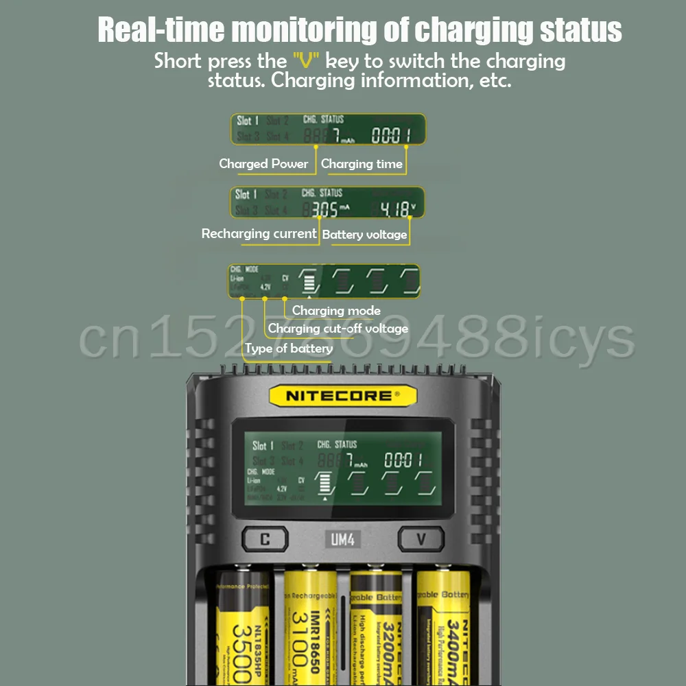 NITECORE UMS4 Батарея зарядное устройство QC Быстрая зарядка 4A с 4 слота Выход ЖК дисплей