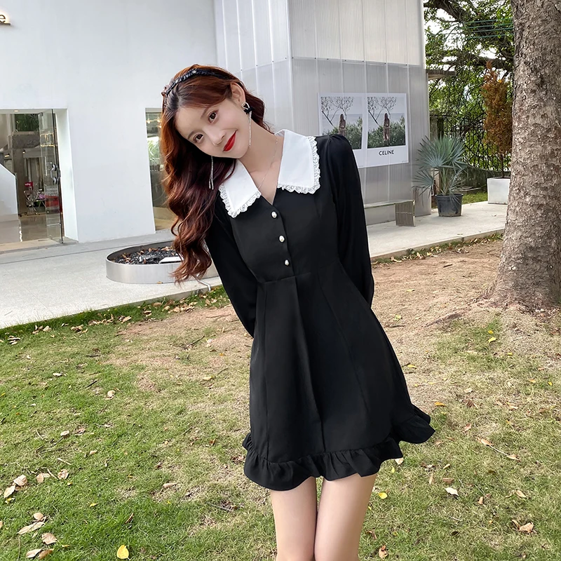 

Hebe&Eos Autumn Vintage French Style Black Dress Long Sleeve Robe Femme Peter Pan Collar Slim Waist Casual Korea Mini Dress