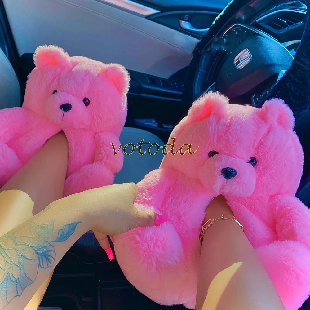 Teddy Bear Slippers Women Cute Cartoon Slides Furry Warm Soft Shoes Home Non-slip Cotton Flip Flops Rainbow Teddies Bear Slipper best house slippers