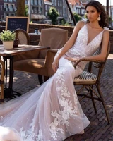 sodigne pink mermaid wedding dresses v neck lace appliques tulle bridal dress vintage wedding gown vestidos de noiva