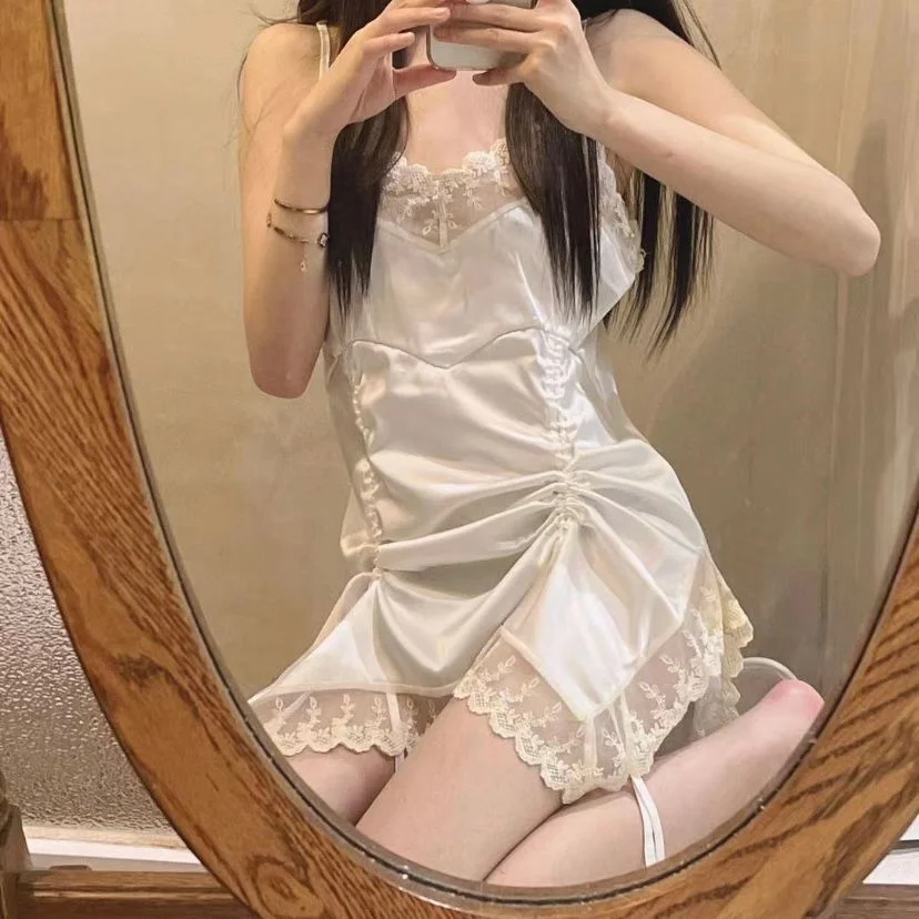 Корейское кружевное платье сатиновое домашнее Ночное на шнуровке с подтяжками |