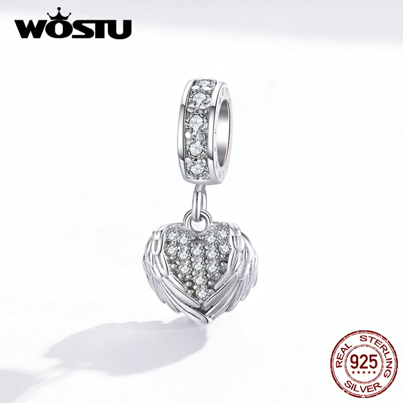

WOSTU 925 Sterling Silver Wing of heart Charms Dazzling Zircon Bead Fit Original Bracelet Pendant DIY Necklace Jewelry FNC138
