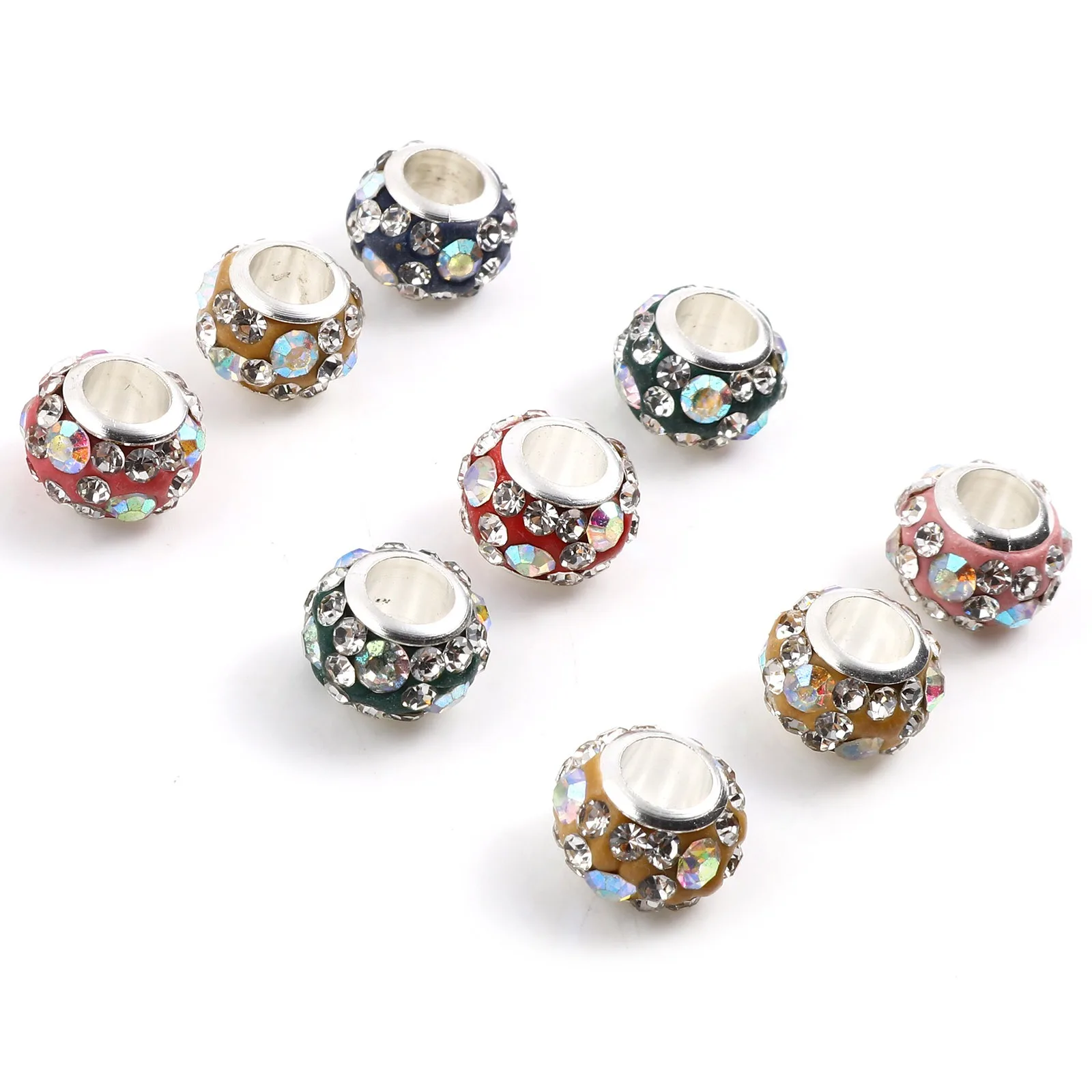 

5PCs Polymer Clay European Style Large Hole Charm Round Beads Random Color Rhinestone DIY Bracelet Necklace Jewlery Gifts 11mm