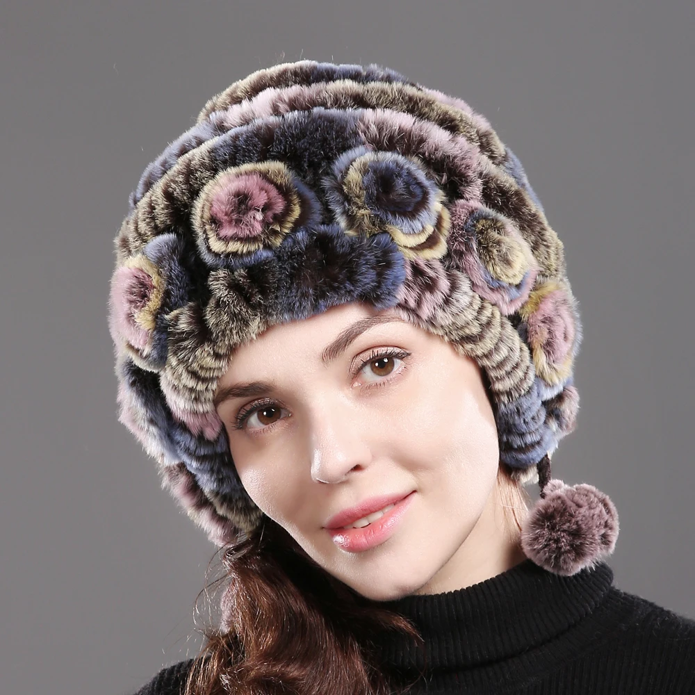 2020 Новый стиль Настоящий мех кролика вязаная шапка в полоску с цветочным принтом