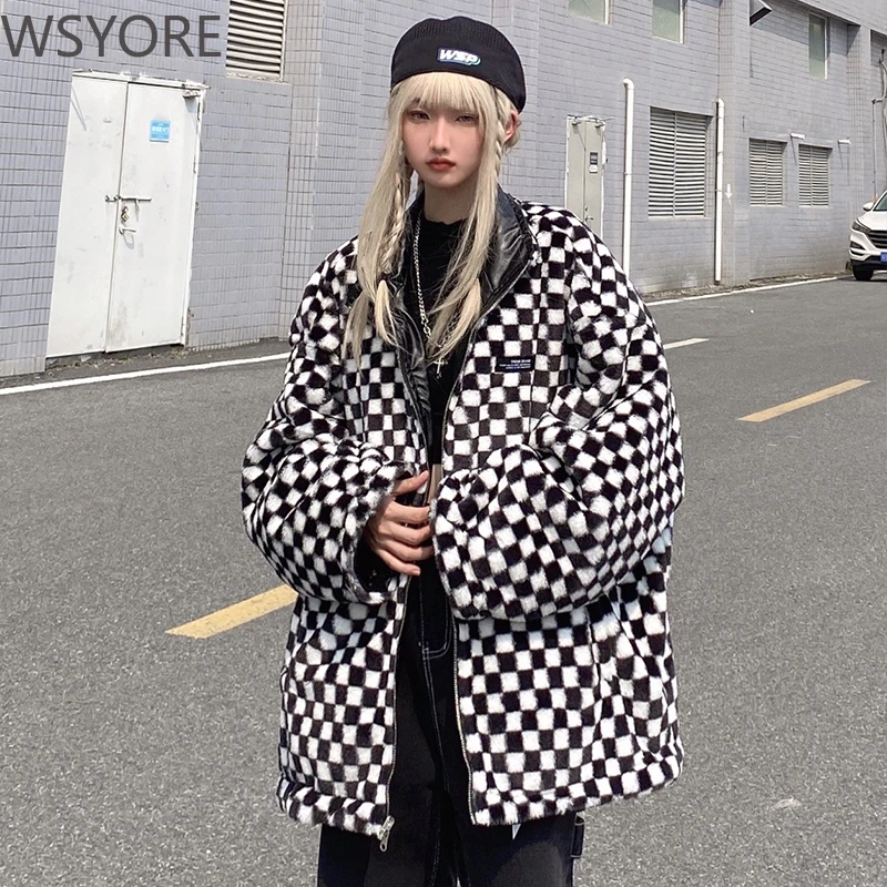 WSYORE верхняя одежда оверсайз Шахматная Двусторонняя кожаная куртка Женское