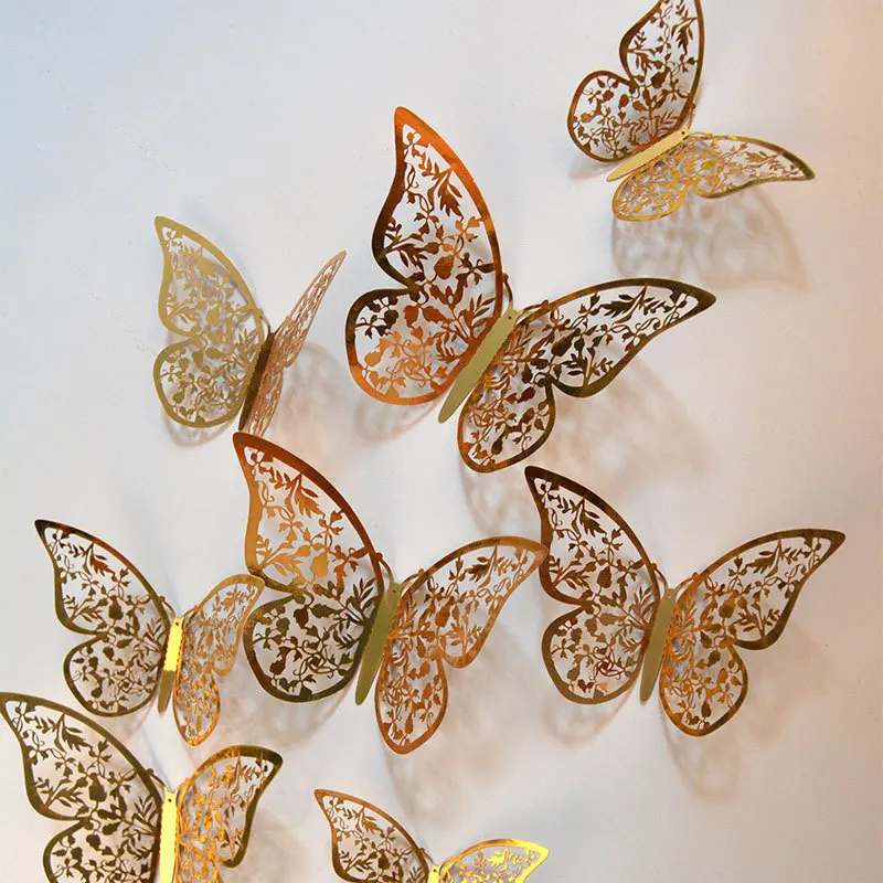 12pcs 3D Metal Hollow Butterfly Wall Sticker for Home Decor DIY Butterflies Fridge Stickers Room Decoration Party Wedding | Дом и сад