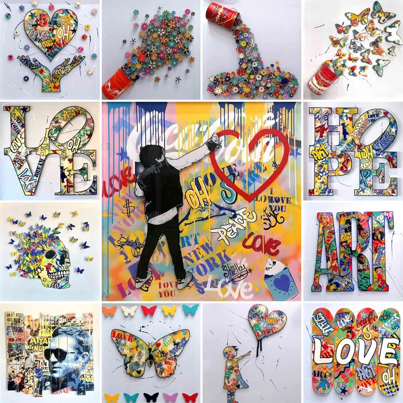 Картина на холсте с граффити уличное поп-арт любовь надпись бабочка цветок плакаты принты для гостиной настенное искусство Современный дом...