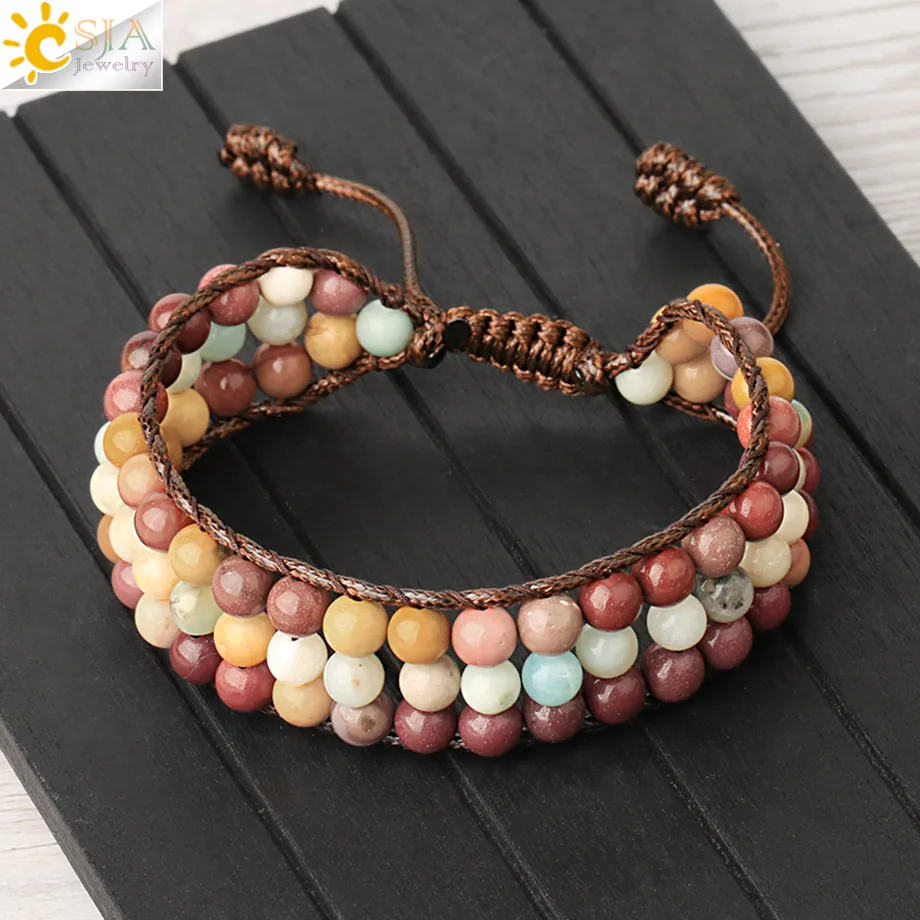 Плетеный браслет CSJA многослойный из натурального камня Амазонит бирюза для