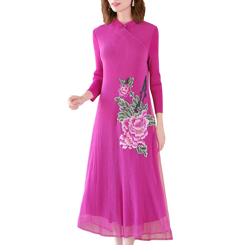 

Vintage Plus Size Dress For Women 45-75kg Chinese style Mesh Flower Embroidery Elastic Miyake Pleated Improve Cheongsam Dresses