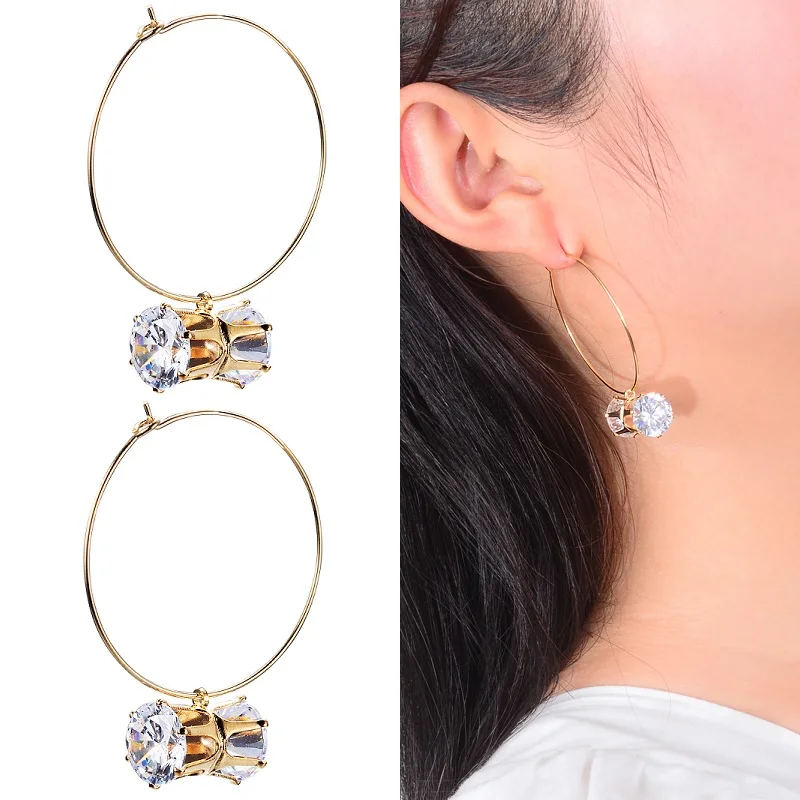 gold zircon hoop Винтаж корейской моды Chic серебро большой обруч серьги Kpop цирконий жемчуг длинные кисточки серьги для женщин заявление свадьба - Окраска металла: gold zircon hoop