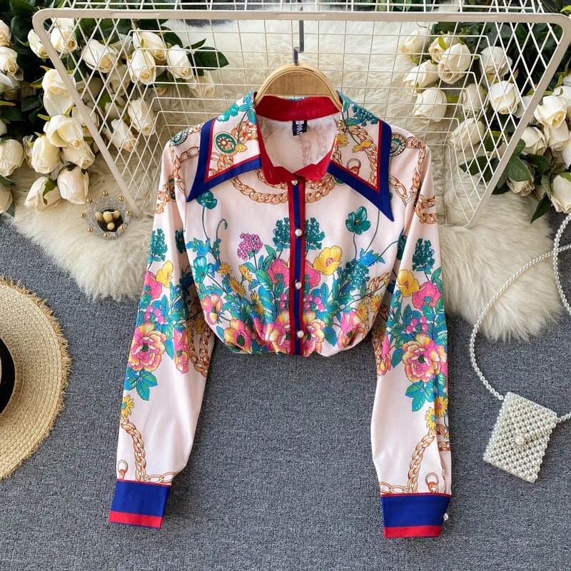 

Женская рубашка с цветочным принтом, свободная Тонкая блузка с длинным рукавом, винтажная одежда в стиле Харадзюку, R318