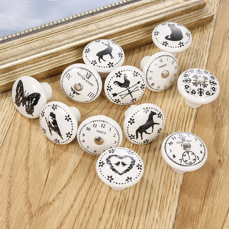 

1PCS Black & White Printed Decorative Round Ceramic Knob, Cabinet Hardware, Modern Wardrobe Furniture Door Handle Drawer pulls