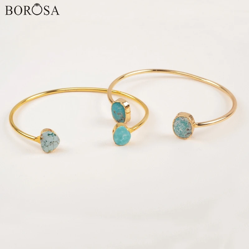 

BOROSA Natural Turquoises Hand Cuff Bangle Irregular Natural Blue Stone Bangles for Women Gold Color Bracelets Charms CL260