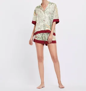 Пижама женская атласная с коротким рукавом и отложным воротником, для дома