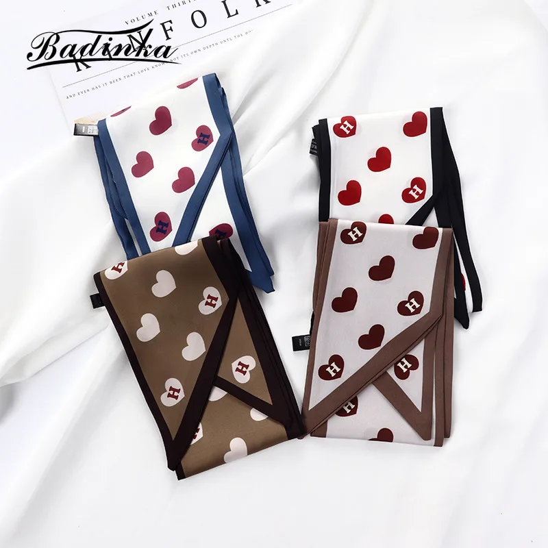 

2021 New Cute Heart Love Scarf Women Long Silk Hair Tie Band Kerchief Headband Fashion Head Neck Silk Satin Bag Ribbon Scarfs
