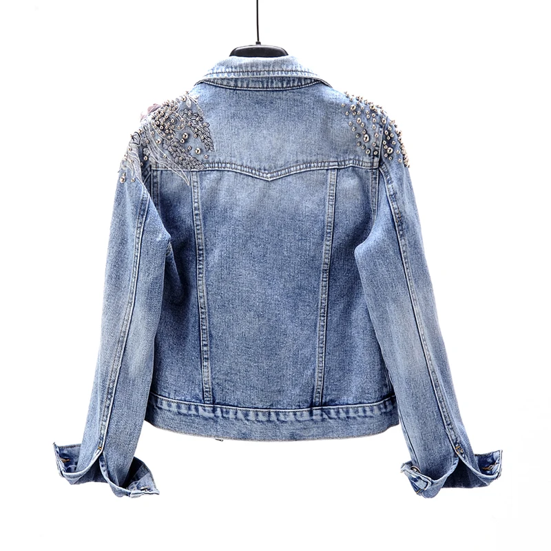 2021 Spring Autumn Beading Flowers Denim Jacket Women Short Jeans Female Casual 3XL Vintage Outerwear Chaqueta Mujer | Женская одежда