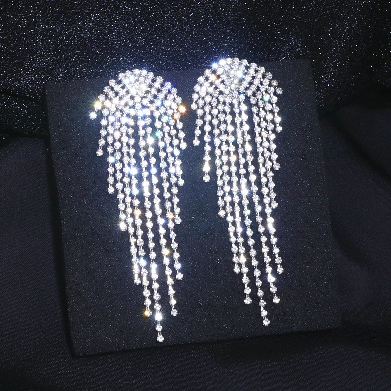 Trendy Crystal Tassel Drop Earrings For Woman Luxury Rhinestone Long Wedding Dangle Earring Female Bohemia Jewelry 2019 New | Украшения и