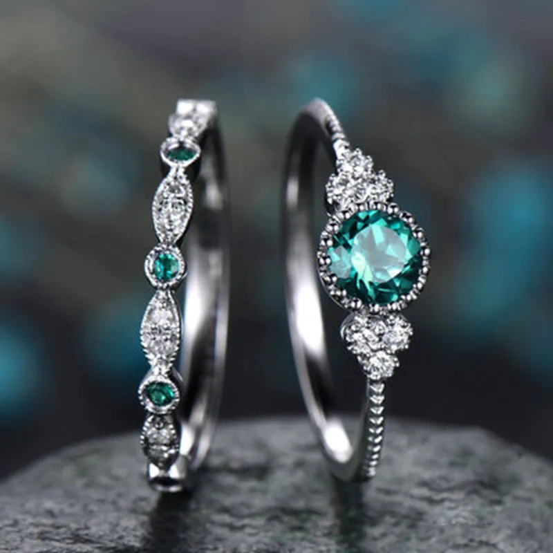 

Milangirl Wedding Ring Set Sparkling Perfect Blue Round Cut Zircon Stone Rings Female Party Engagement Jewelry