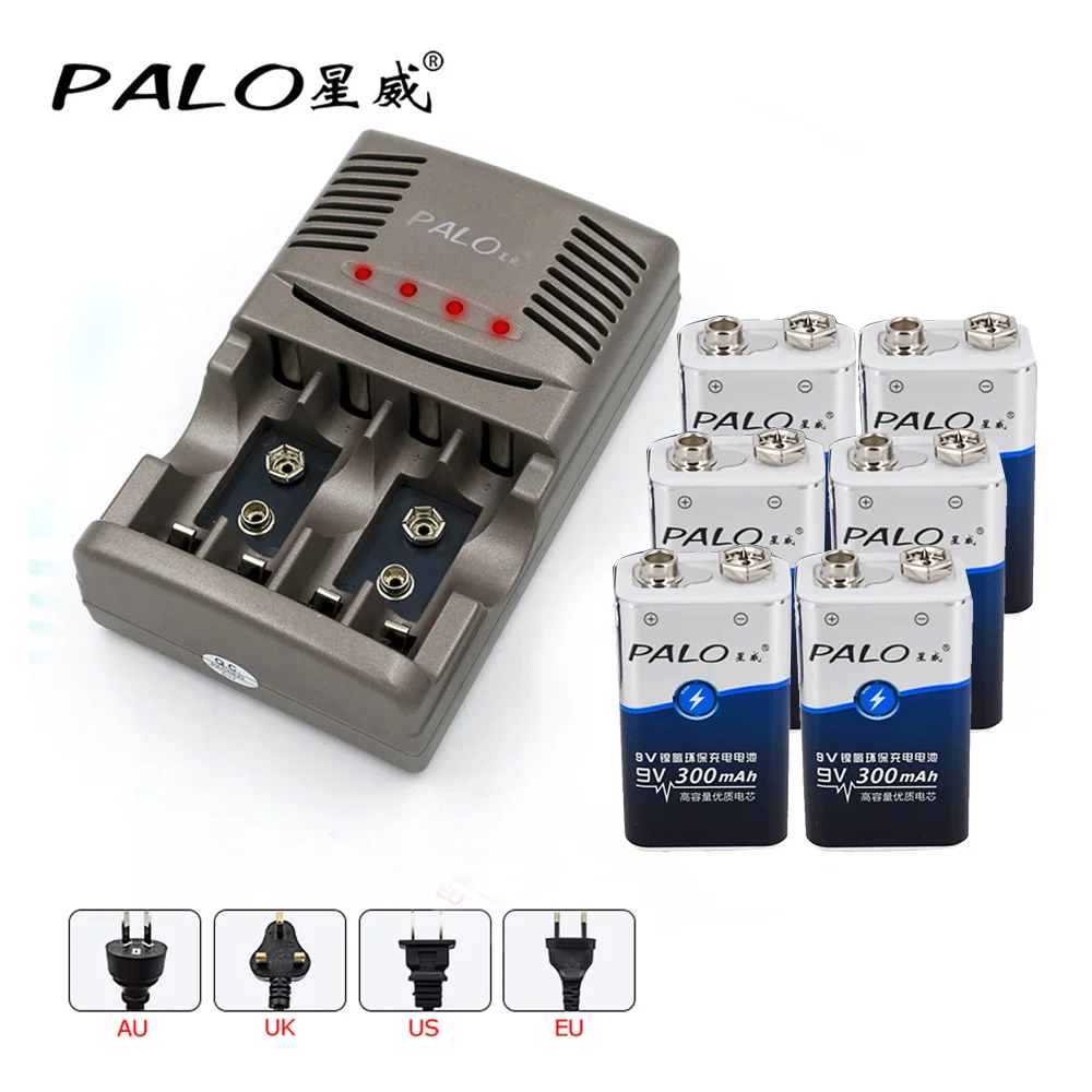 6pcs 9v charger EU PALO 4 шт. ni-mh аккумуляторная батарея 6F22 9В 300 мАч батареи 9 напряжение для дымовых сигнализаций игрушки беспроводные камеры микс батарея - Цвет: 6pcs 9v charger EU