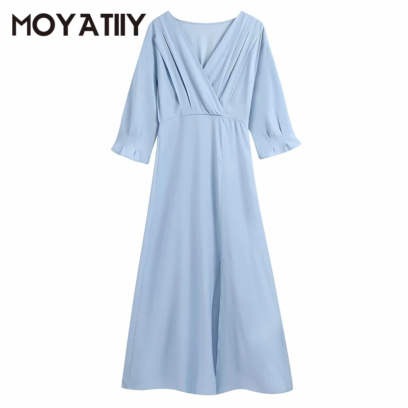 

MOYATIIY Fashion Women Asymmetric Draped Dress 2021 New Arrival Vintage Ruffle Sky Blue Cross Collar Dress Side Open Ladies