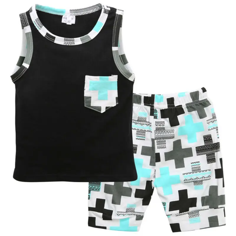 

2pcs Baby Clothes Boys Kids Fashion Print Pocket vest+Pants Oufits 1-3Y