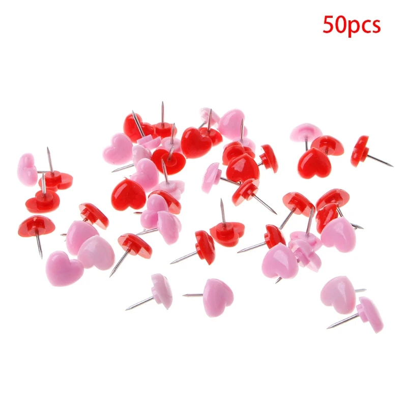 

50 Pcs Heart Shape Plastic Quality Colored Push Pins Thumbtacks Office School 090F